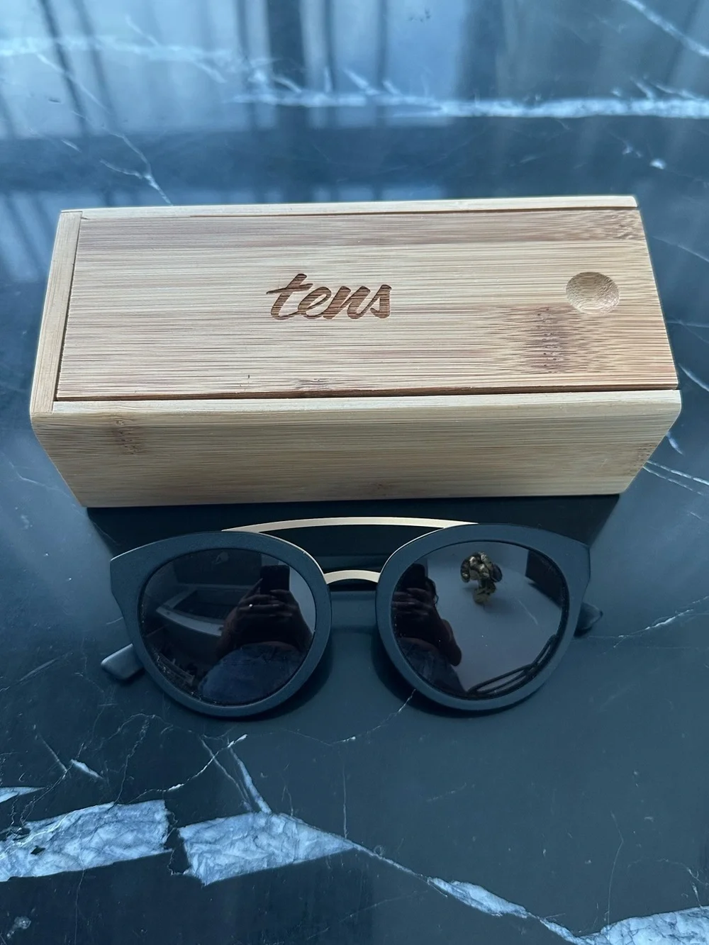 Tens Classic Round Black Frame & Brown Lense Sunglasses with Gold Accents